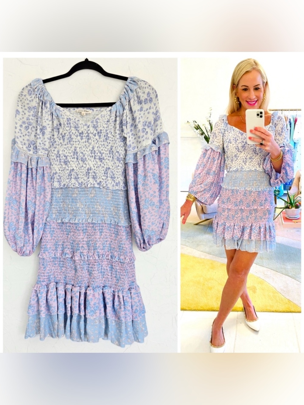 Patchwork Floral smocked Ruffled Mini Dress - Picture 2 of 10